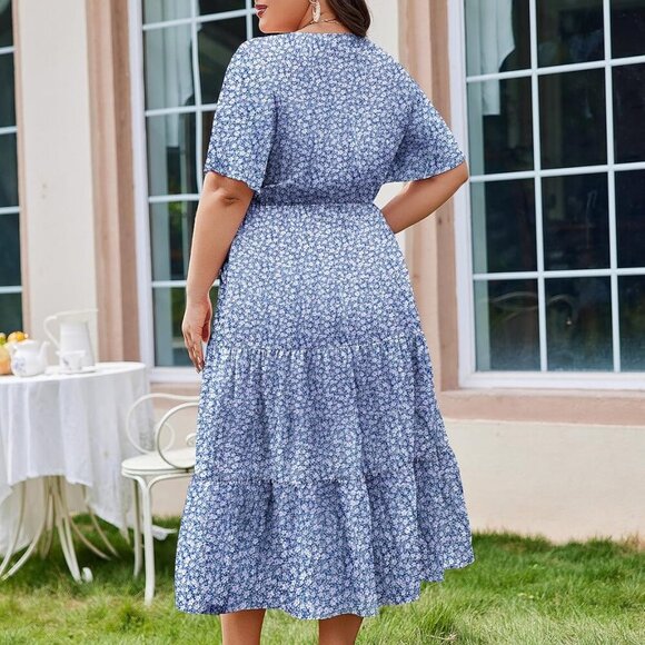 Plus Size Floral Maxi Dress Women Summer V Neck Pockets Casual - Picture 3 of 5